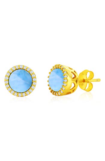 Simona Sterling Silver Round Larimar & Cubic Zirconia Halo Stud Earrings In Multi