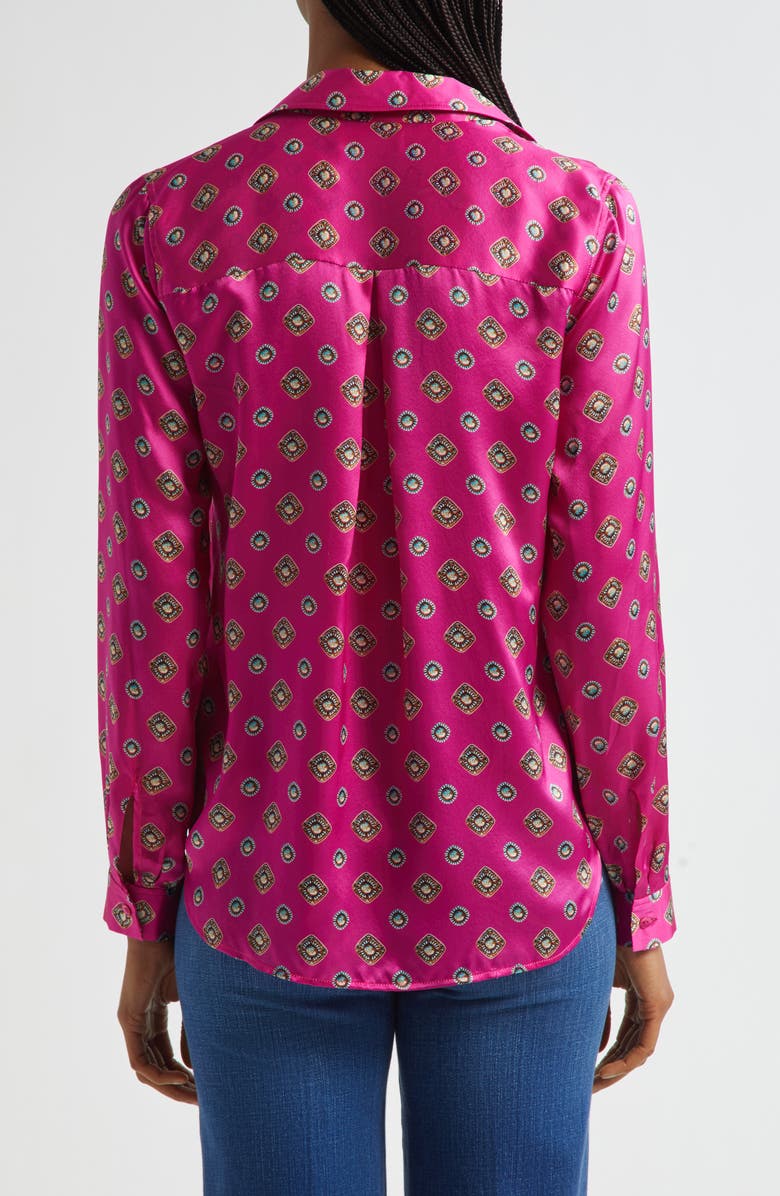L'AGENCE Tyler Geometric Turquoise Print Silk Button-Up Shirt, Alternate, color, Fuchsia/ Turquoise Geometric