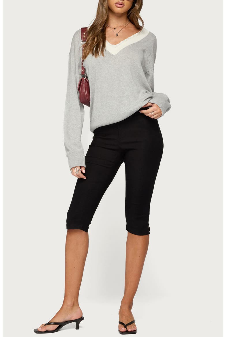 Marie Lace Trim V-Neck Sweater, Alternate, color, GRAY-MELANGE
