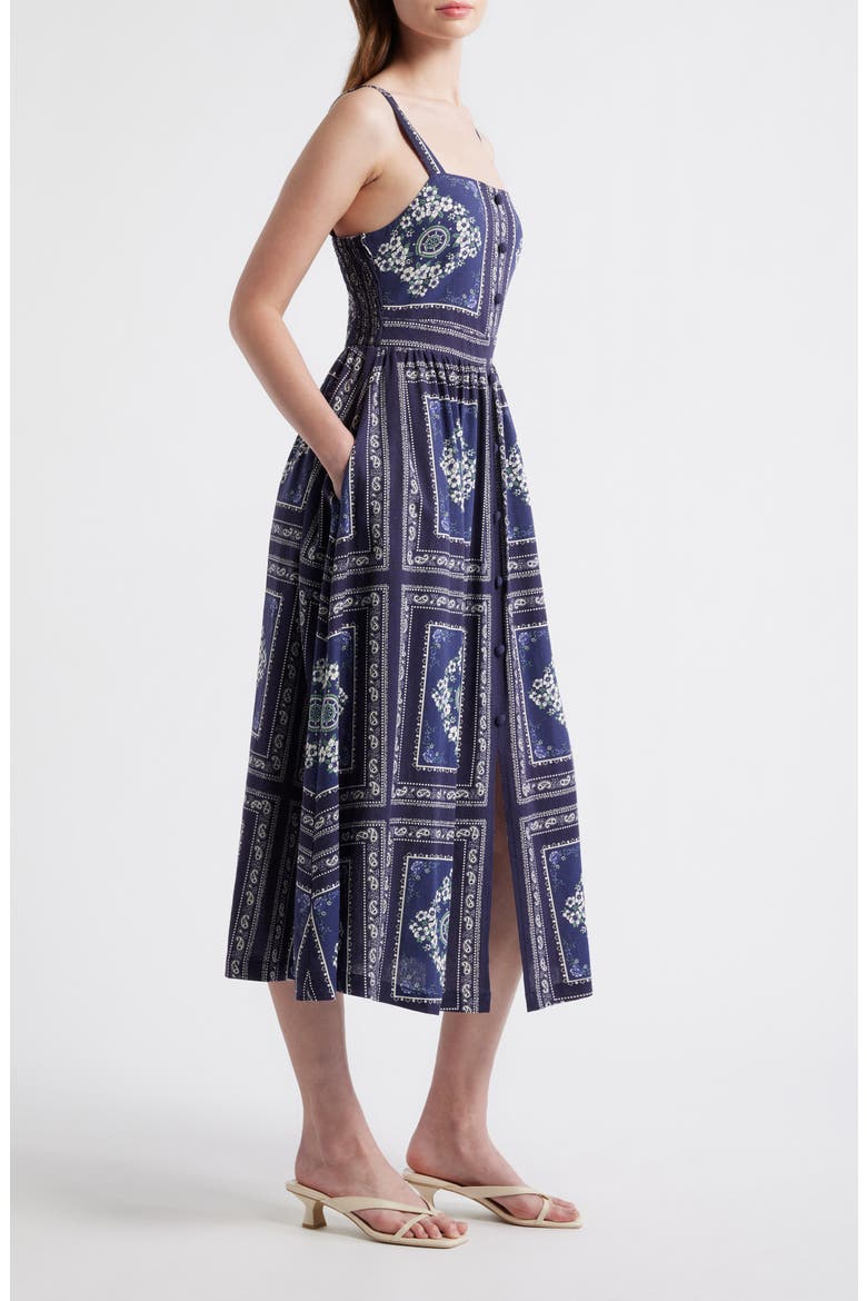 Grid Print Sleeveless Cotton & Linen Midi Dress, Alternate, color, NAVY