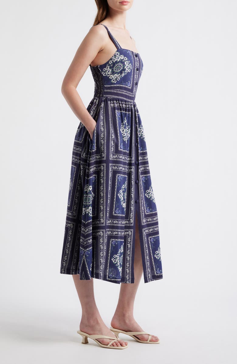 ZOE AND CLAIRE Grid Print Sleeveless Cotton & Linen Midi Dress, Alternate, color, Navy