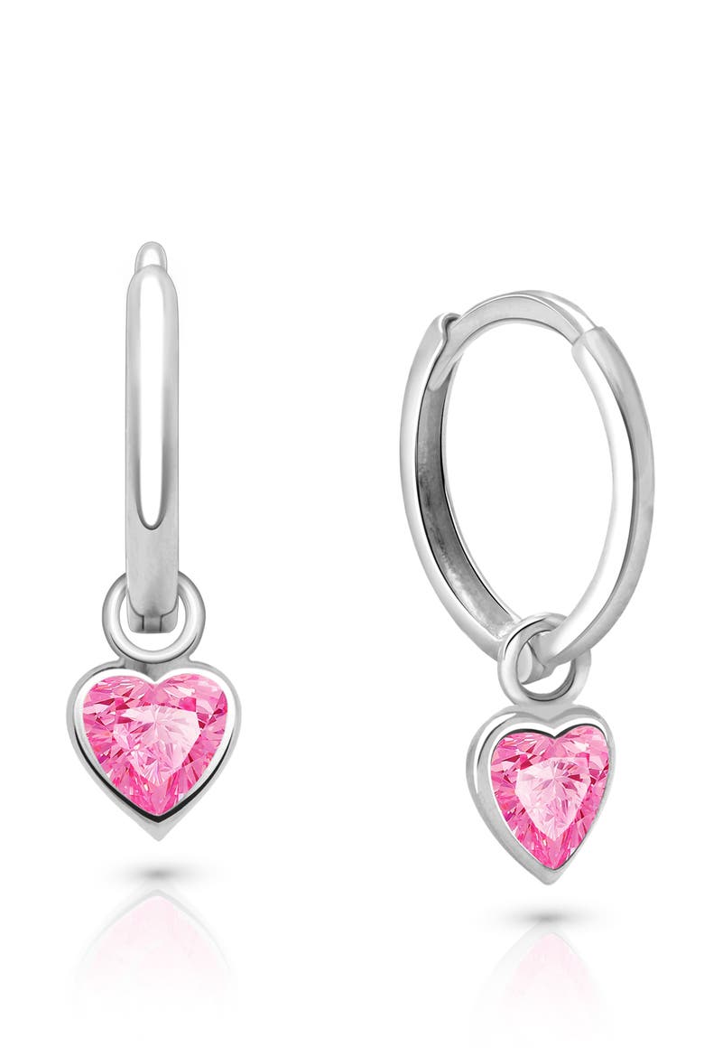 Sterling Silver Pink Heart Drop Classic 11mm Huggie Hoop Earrings, Main, color, Sterling Silver