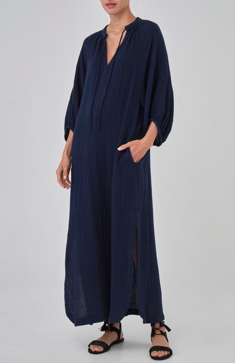 Avery Long Tie Neck Dress Gauze Caftan