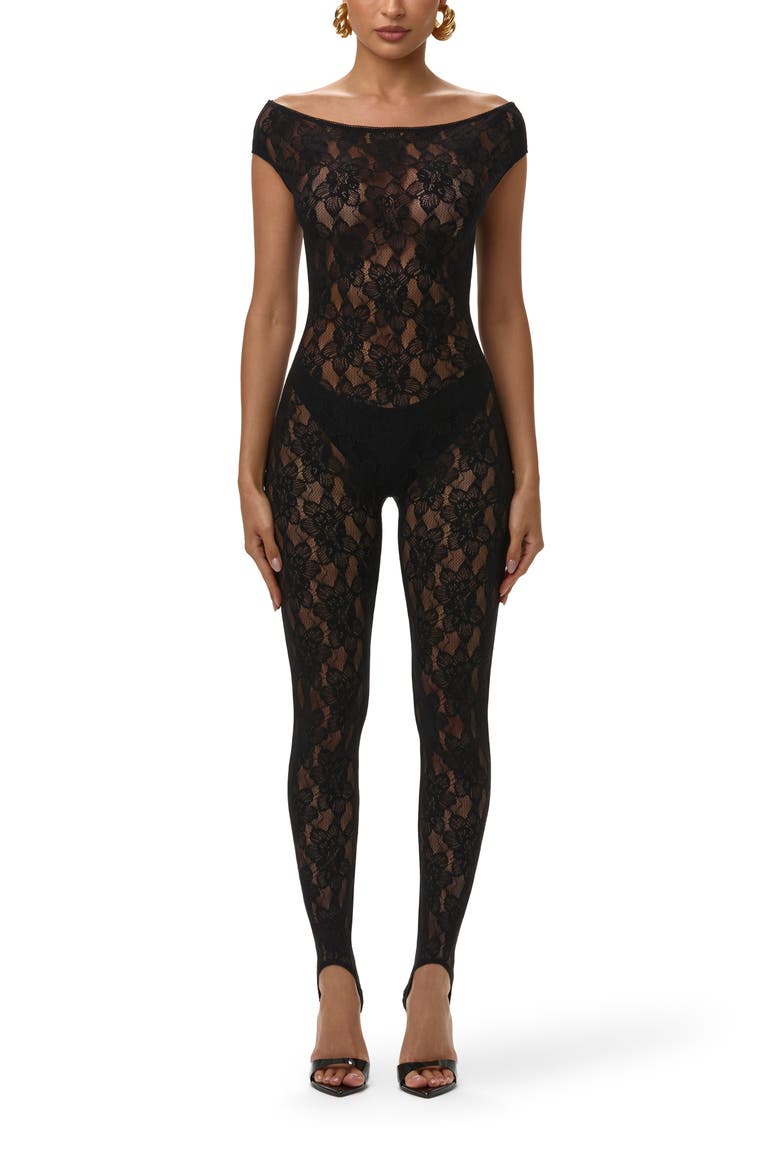 Off the Shoulder Lace Stirrup Jumpsuit, Main, color, BLACK