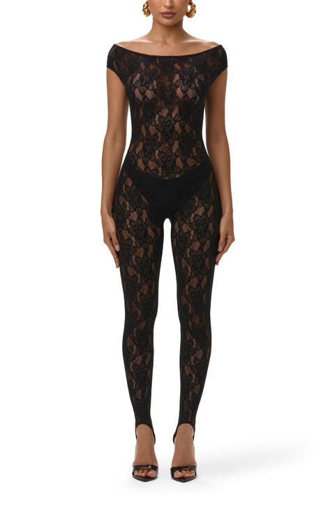 Off the Shoulder Lace Stirrup Jumpsuit