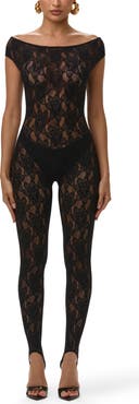 Naked Wardrobe Off the Shoulder Lace Stirrup Jumpsuit