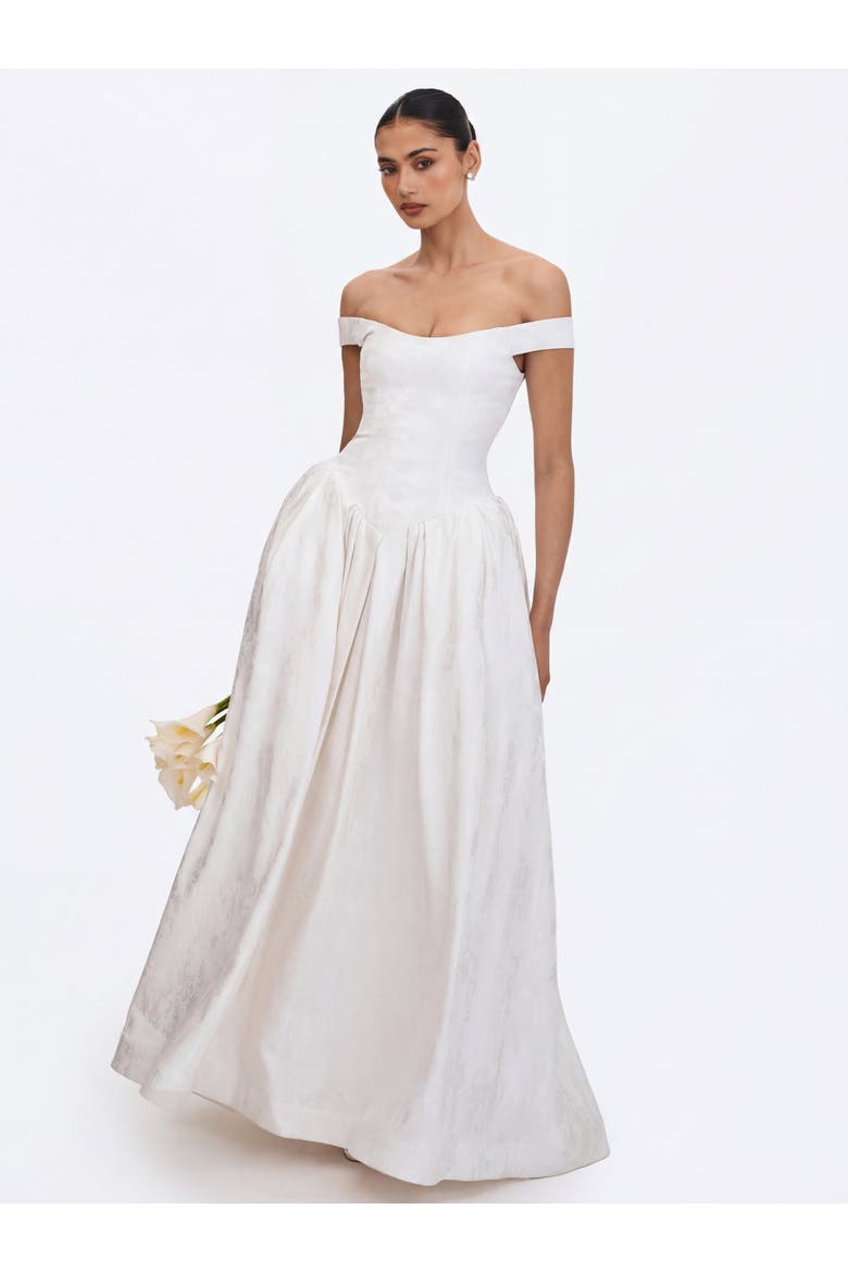 Tinsley Jacquard Bardot Wedding Gown, Alternate, color, White