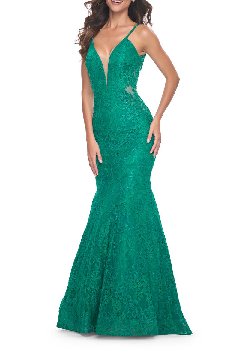 Long Mermaid Lace Dress with Back Rhinestone Detail, Alternate, color, Jade