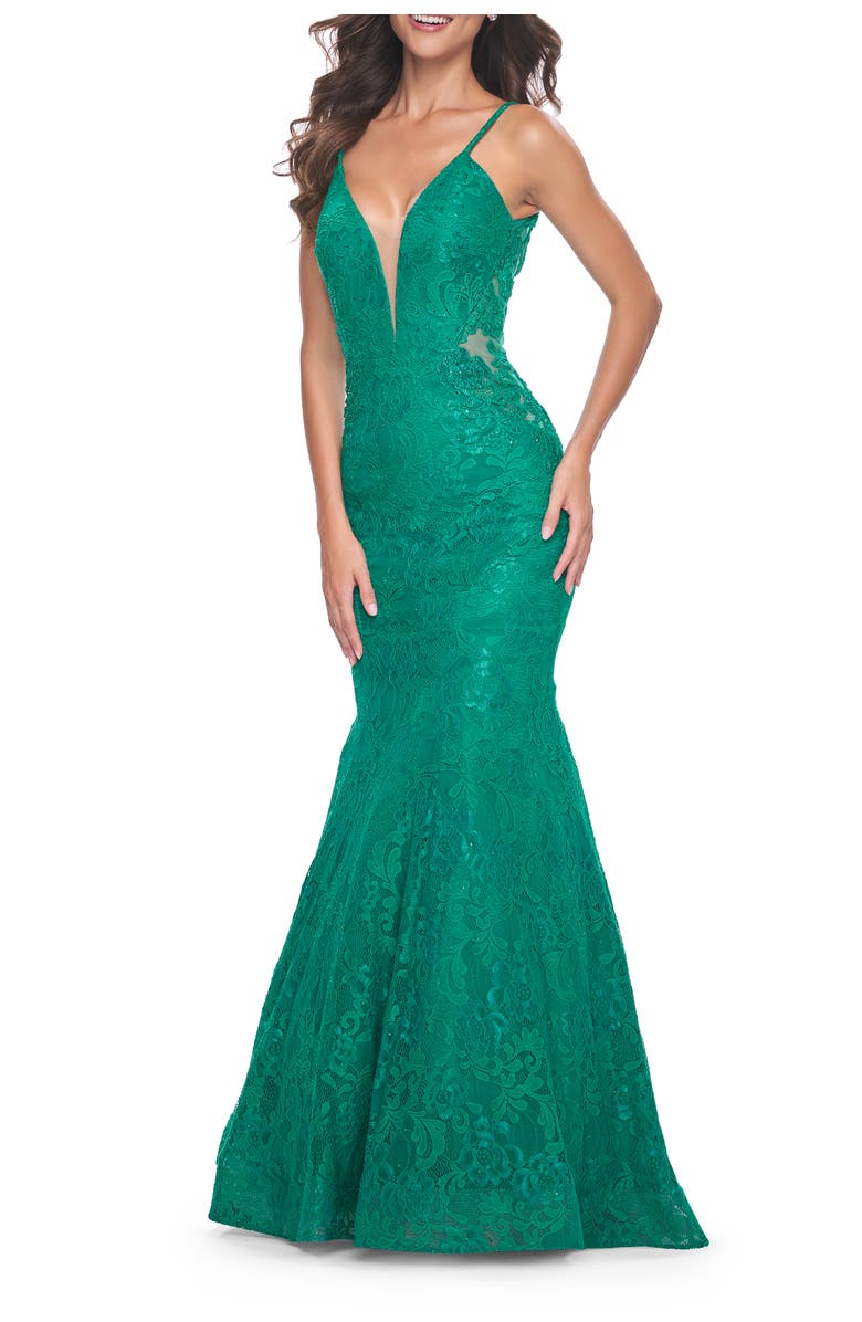 La Femme Long Mermaid Lace Dress with Back Rhinestone Detail, Alternate, color, Jade