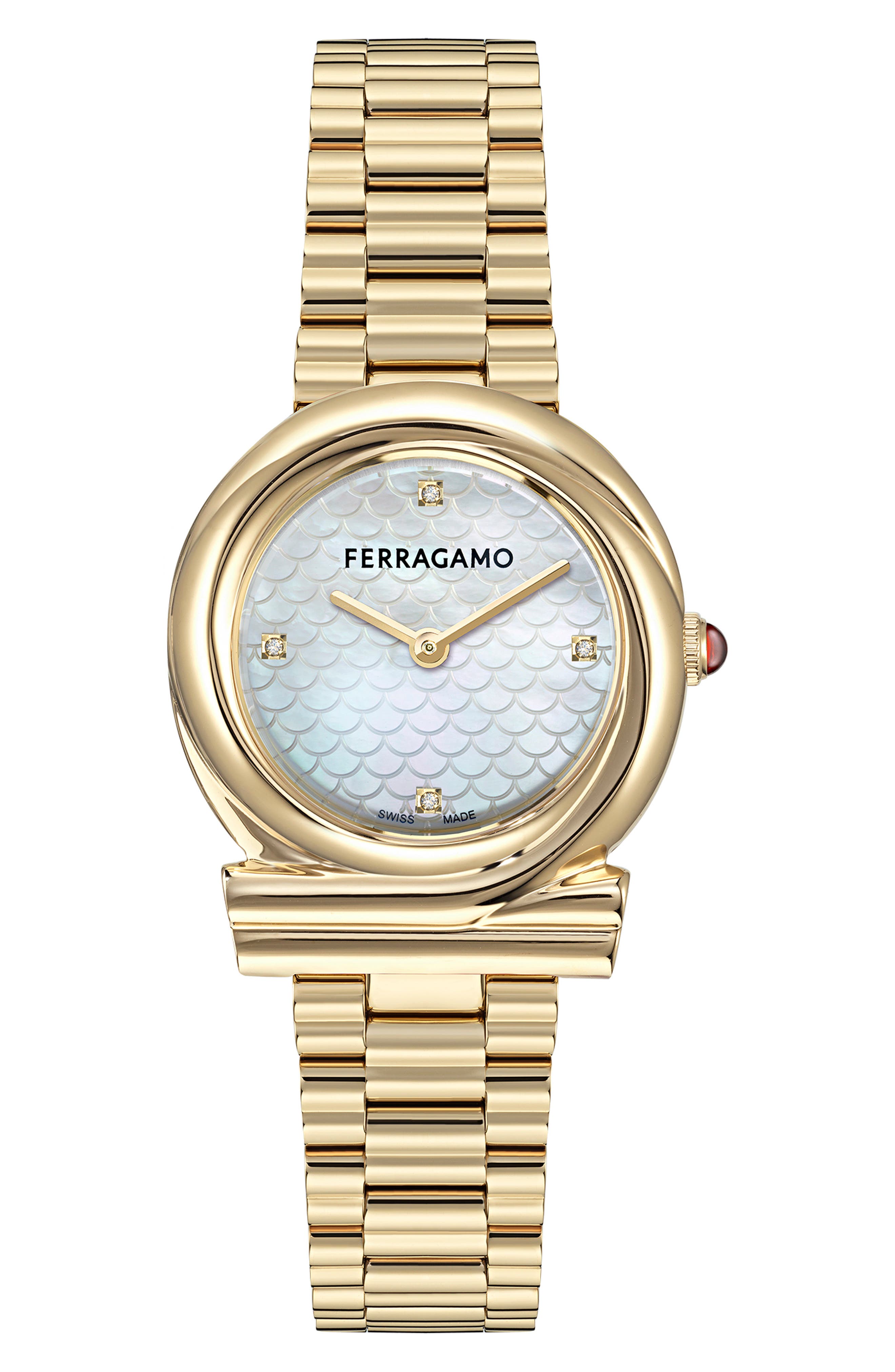 Ferragamo Gancini Twisted Diamond Bracelet Watch, 32mm In Brown