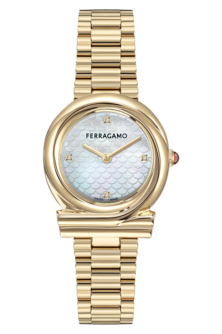 Gancini Twisted Diamond Bracelet Watch, 32mm, Main, color, IP YELLOW GOLD