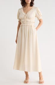 AUGUST SKY Ruffle Trim Short Sleeve Midi Dress