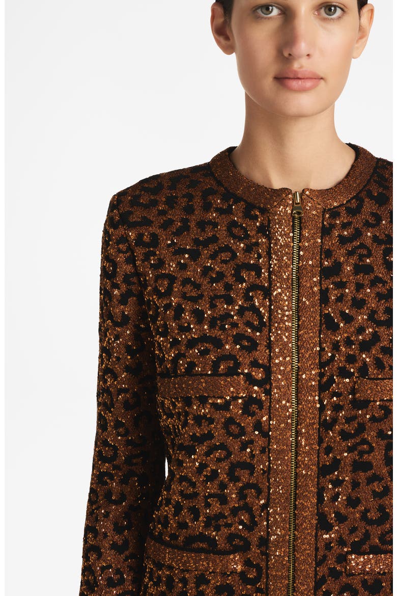 Sequin Leopard Jacquard Long Jacket, Alternate, color, CARAMEL/ COPPER MULTI