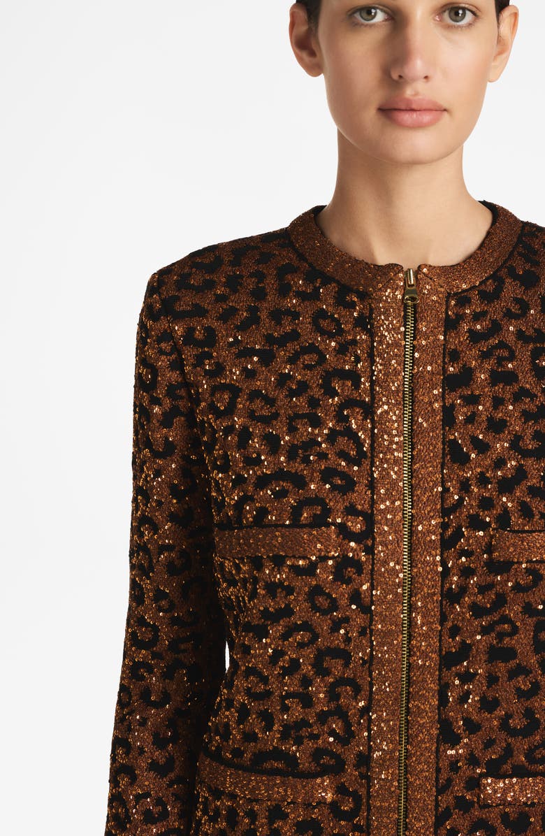St. John Evening Sequin Leopard Jacquard Long Jacket, Alternate, color,