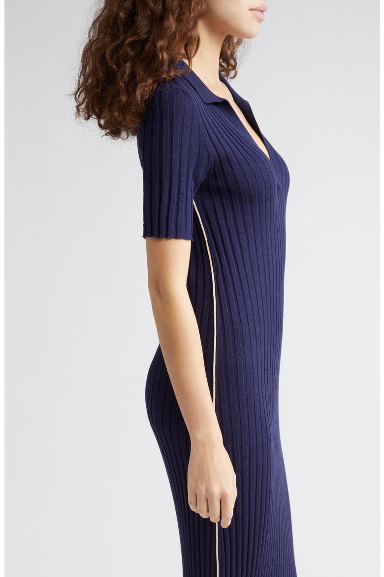 Split Neck Cotton & Silk Rib Dress, Alternate, color, NAVY