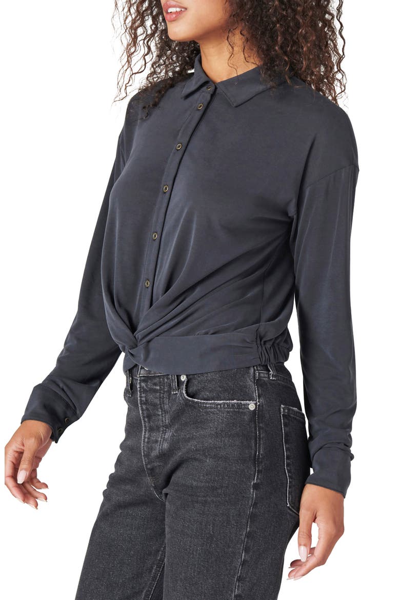 Twist Hem Knit Button-Up Shirt, Alternate, color, JET BLACK