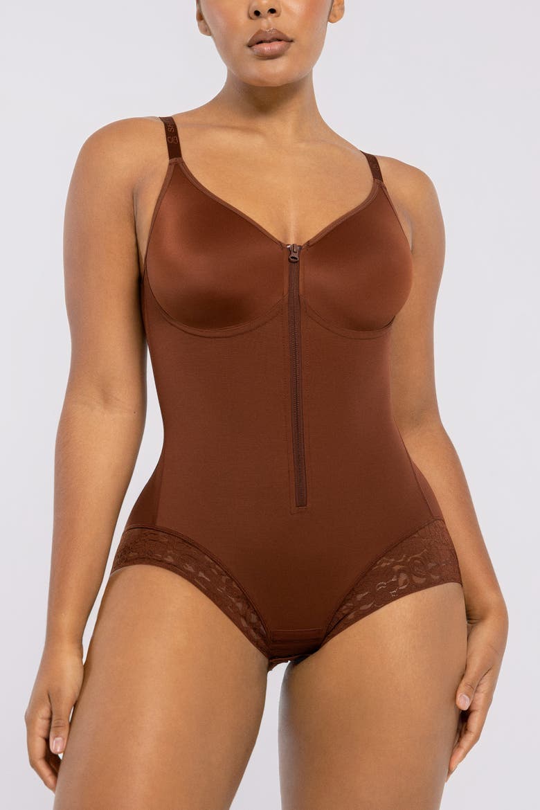 Tummy Control Zip-Up Brief Bodysuit, Main, color, Brown