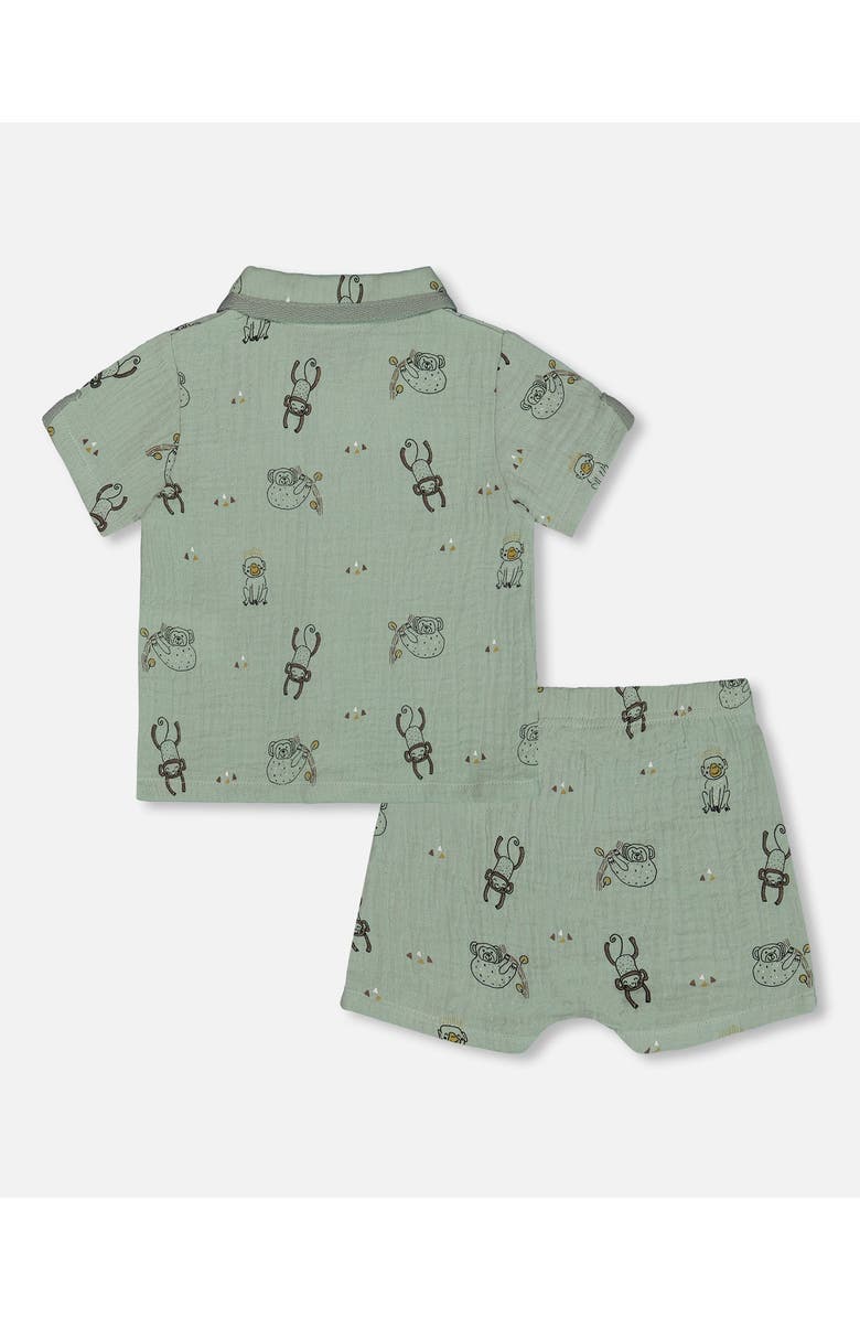 Deux par Deux Baby Boy's Printed Muslin Shirt And Short Set Sage Monkey, Alternate, color, 