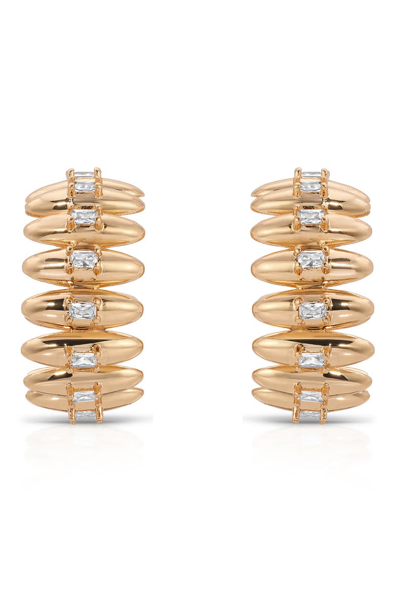 Baguette Cubic Zirconia Thick Oval Dome Hoop Earrings, Alternate, color, GOLD
