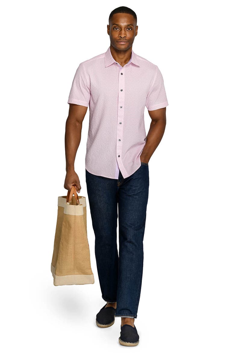 Slim Fit Dot Woven Short Sleeve Seersucker, Alternate, color, LT. PINK