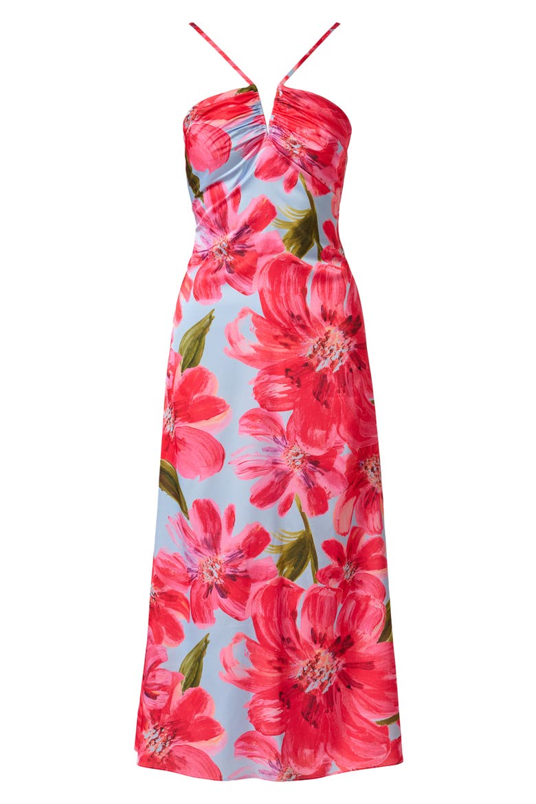 Floral Satin Crepe Halter Maxi Dress, Alternate, color, BLUE/ PINK MULTI
