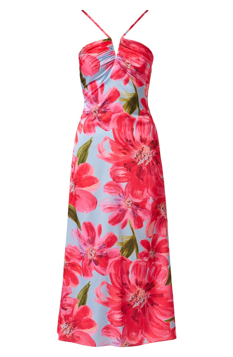 Adrianna Papell Floral Satin Crepe Halter Maxi Dress, Alternate, color, Blue/ Pink Multi