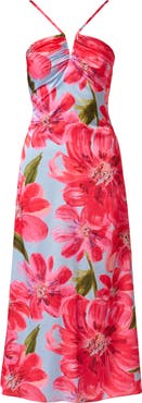 Adrianna Papell Floral Satin Crepe Halter Maxi Dress