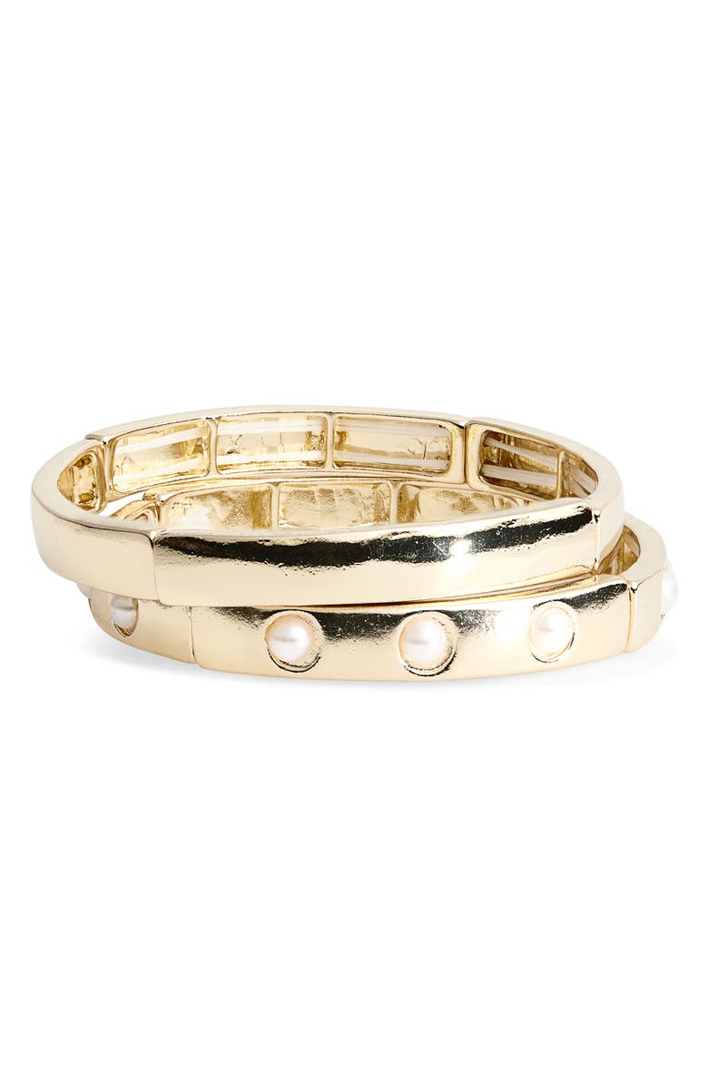 Cara Set of 2 Faux Pearl Bangle Bracelets, Main, color, Gold/ Ivory