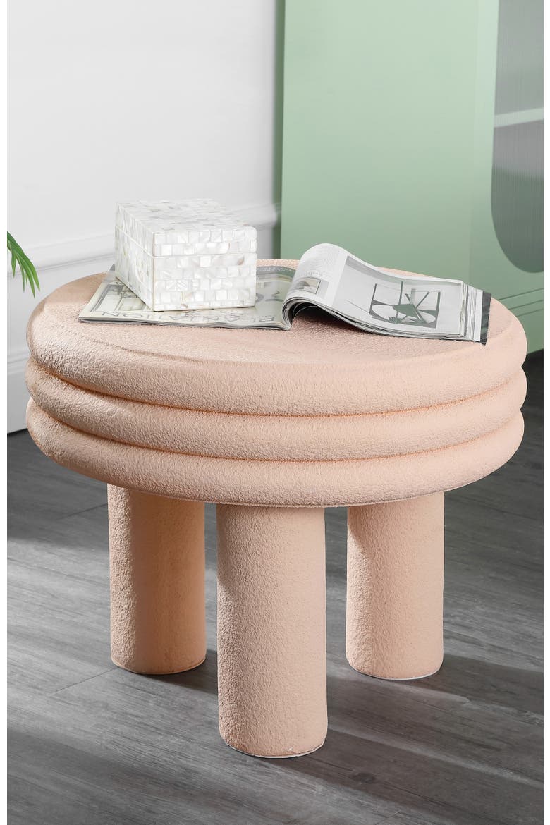 Rashida Modern Round Polyresin Indoor/Outdoor Low Accent Coffee Table, Chunky Ribbed Tripod Base, All-Weather, Alternate, color, Pink Frosted