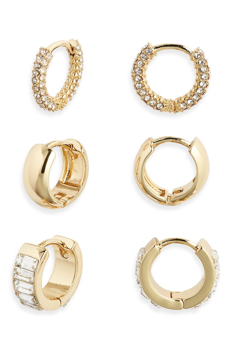 Gift Boxed Set of 3 Huggie Hoop Earrings, Alternate, color, CLEAR- GOLD
