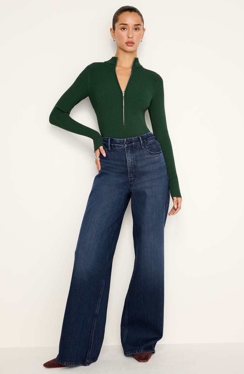 Good American Virgo Long Sleeve Rib Thong Bodysuit, Alternate, color, Pine Green