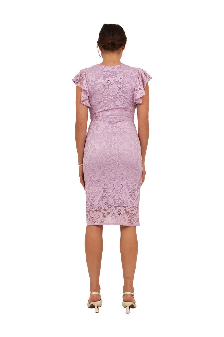 Womens Elevate Lace V-Neck Flutter Sleeve Faux Wrap Midi Dress, Alternate, color, Lilac