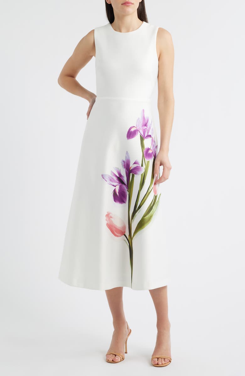 Anne Klein Floral A-Line Midi Dress, Main, color, White Dove Multi