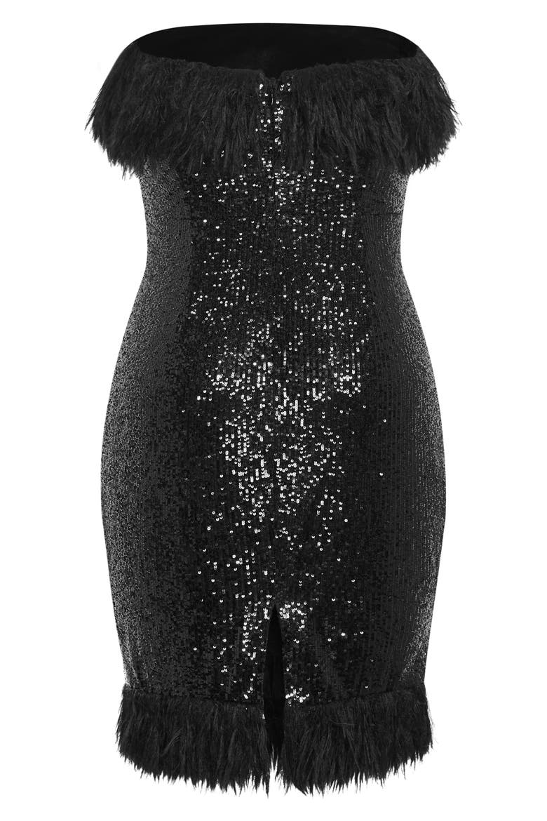 Feather Trim Sequin Strapless Dress, Alternate, color, BLACK