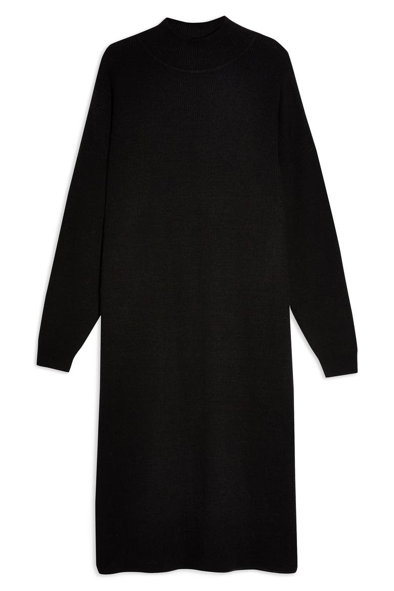 Ribbed Long Sleeve Funnel Neck Midi Sweater Dress, Alternate, color, BLACK