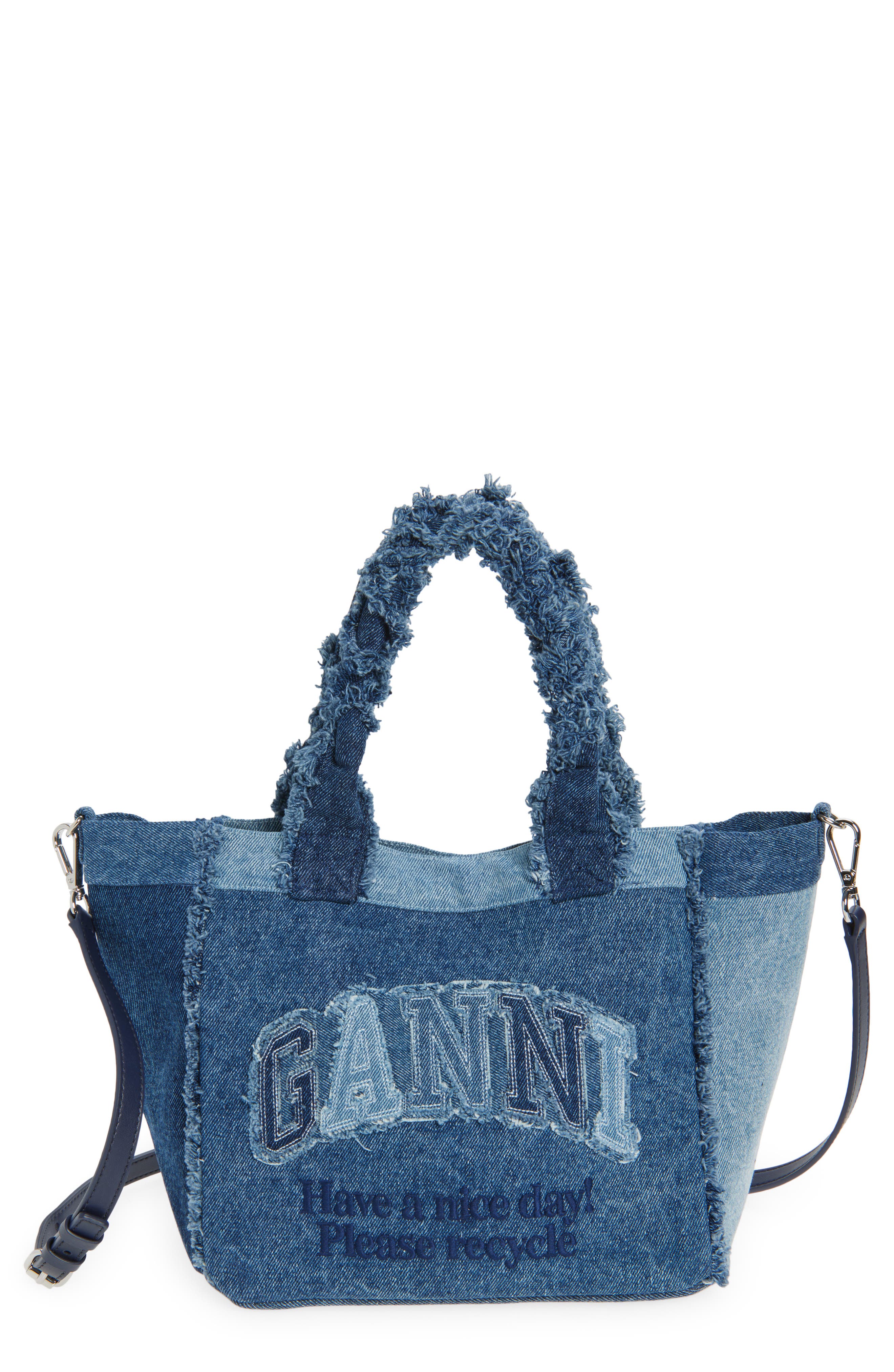 Ganni Small Trapeze Denim Shopper Bag, Main, color, Dark Blue Vintage