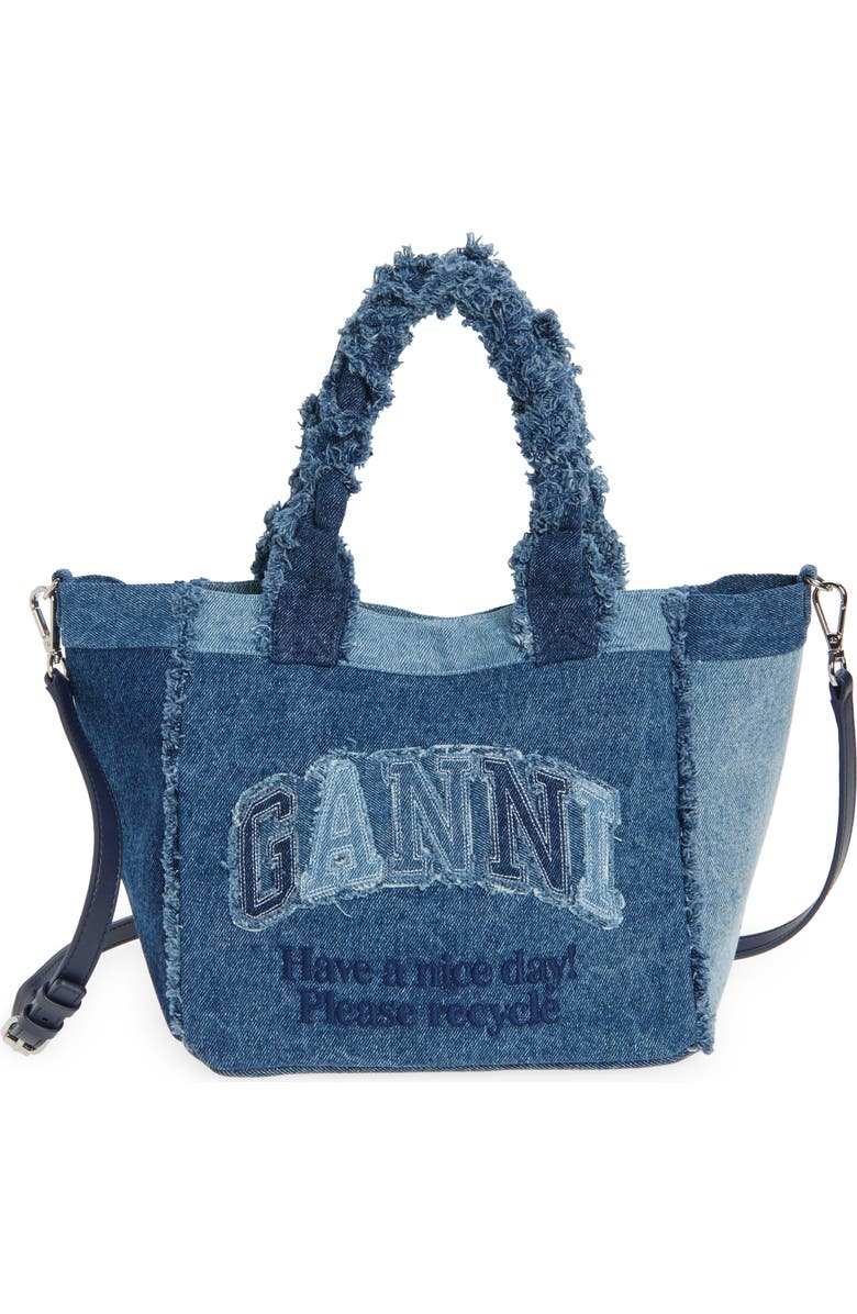 Ganni Small Trapeze Denim Shopper Bag, Main, color, Dark Blue Vintage