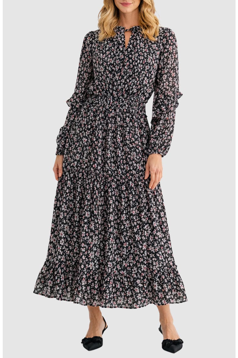 Floral Print Tie Neck Long Sleeve Maxi Dress, Main, color, BLACK/ PINK MULTI