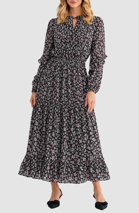 Floral Print Tie Neck Long Sleeve Maxi Dress