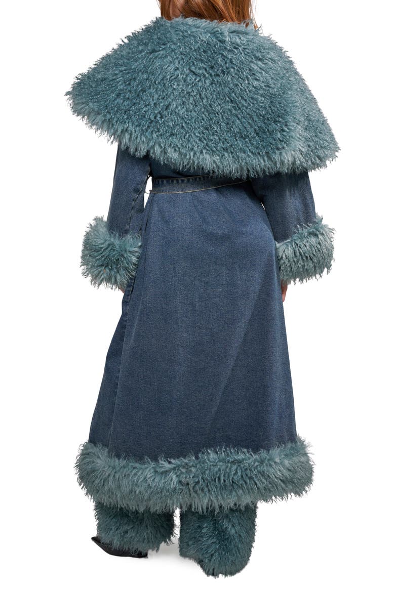 Vellum Faux Fur Trim Denim Trench Coat, Alternate, color, DENIM