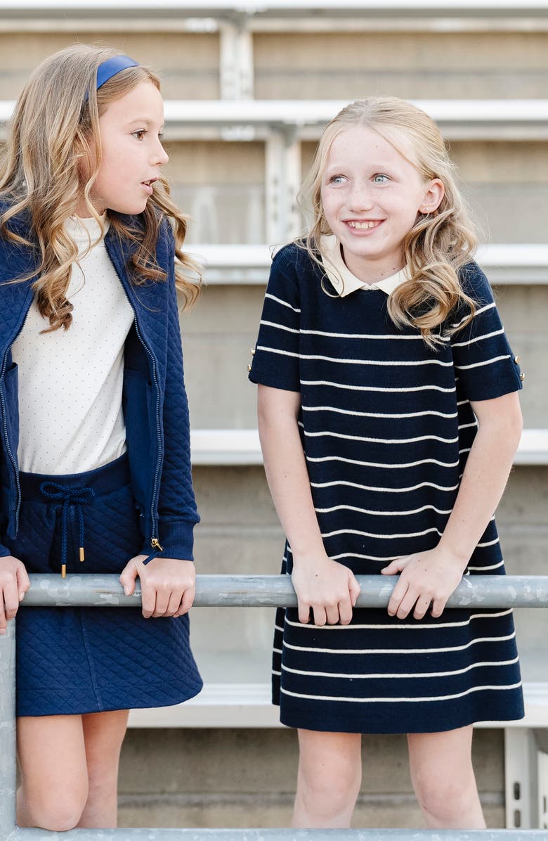Hope & Henry Kids' Organic Short Sleeve Milano Sweater Dress with Collar, Alternate, color, Navy Breton Stripe