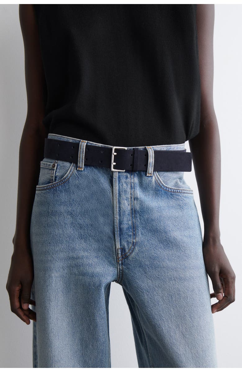 COS Double-Prong Suede Belt, Main, color, Navy