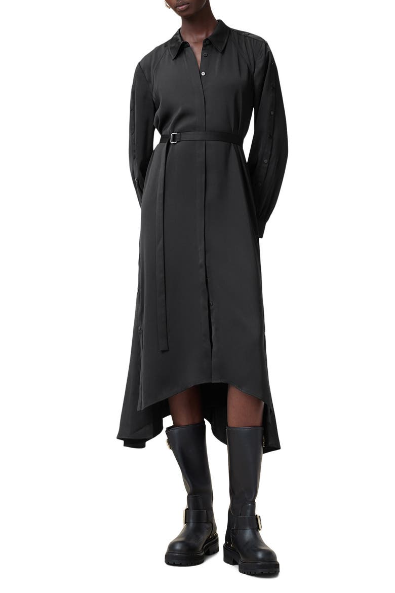 black high low shirt dress AllSaints Lexi Asymmetric-hem Belted Midi Dress