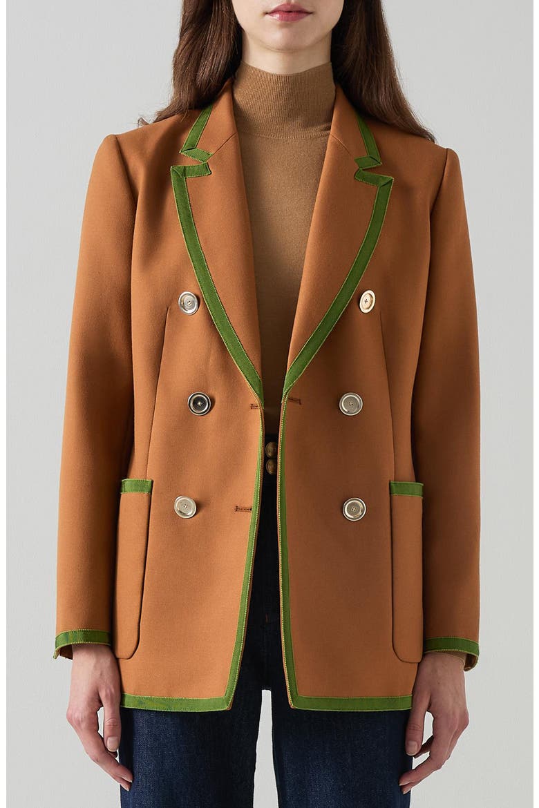 Cordelia Grosgrain Trim Double Breasted Blazer, Main, color, BROWN