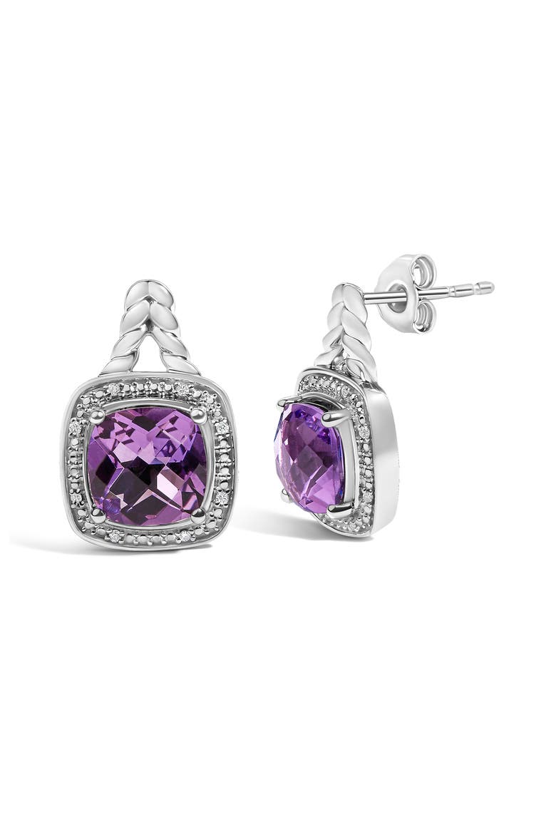 Sterling Silver Cushion Cut Amethyst and Diamond Accent Halo Drop Earrings, Alternate, color, Silver