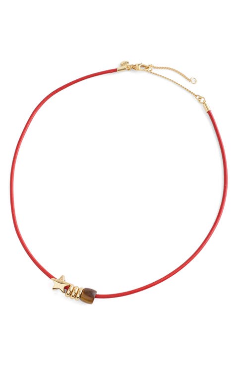 Semiprecious Charm Leather Choker Necklace