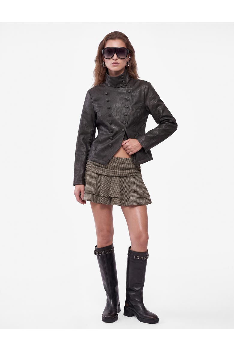 Koton Funnel Neck Faux Leather Military Jacket Asymmetric Front Overlap ...