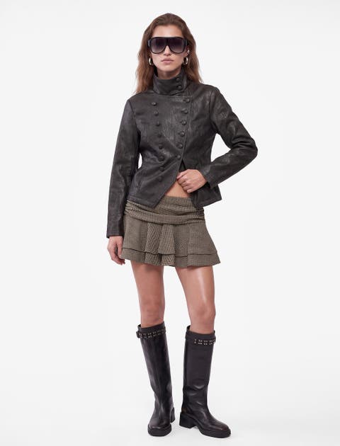 Funnel Neck Faux Leather Military Jacket Asymmetric Front Overlap
