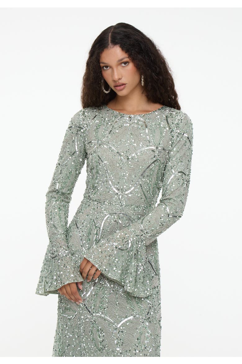 Modest Embellished Sequin Beaded Dress Maxi With Ribbon on Sleeves, Alternate, color, SAGE GREEN