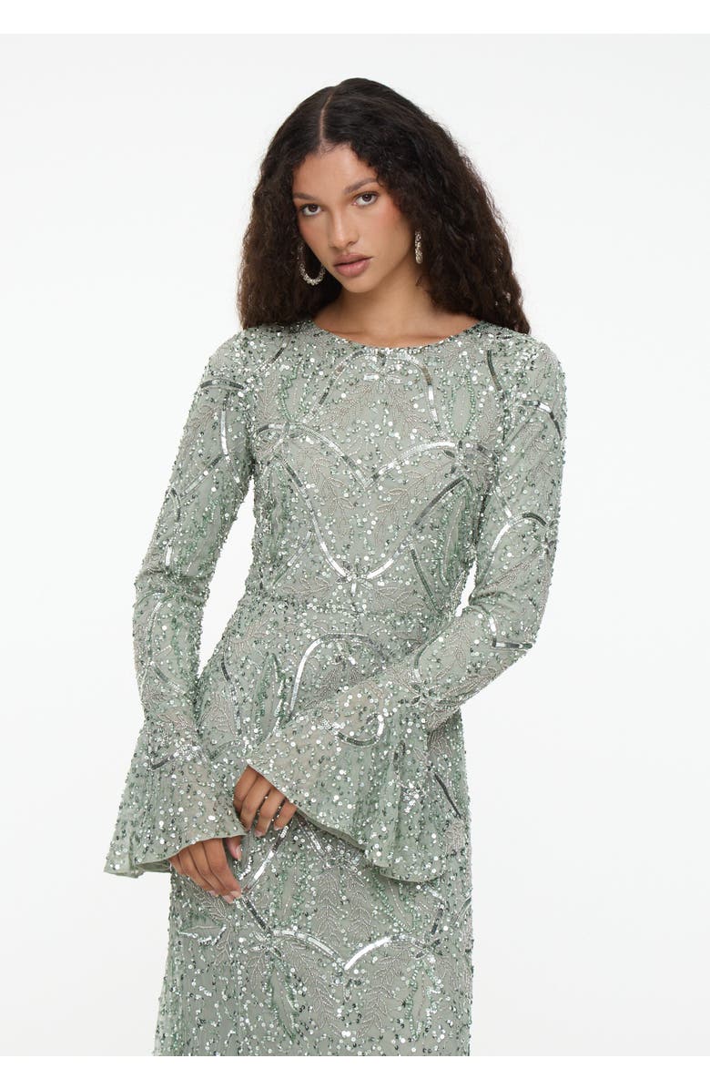 MARYISA Modest Embellished Sequin Beaded Dress Maxi With Ribbon on Sleeves, Alternate, color, Sage Green